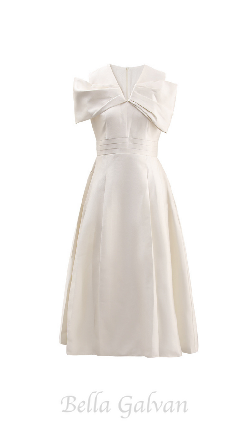 ALICE BEIGE WHITE PLEATED BOW OFF-SHOULDER MIDI DRESS