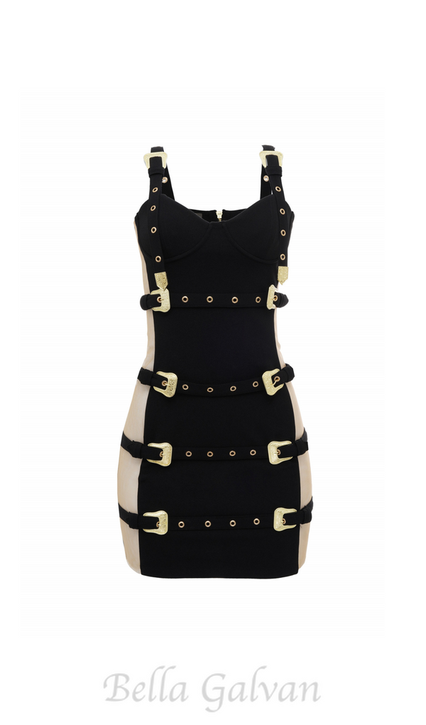 DARLENE BELT EMBELLISHED BODYCON MINI DRESS IN BLACK