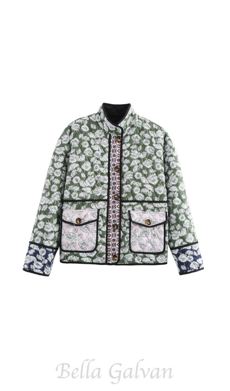 multicolor Floral Pocket Quilted Coat