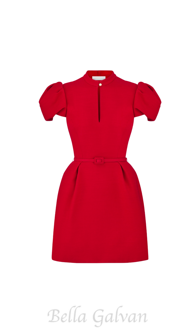 puff sleeve pleated mini dress in red (without black belt)