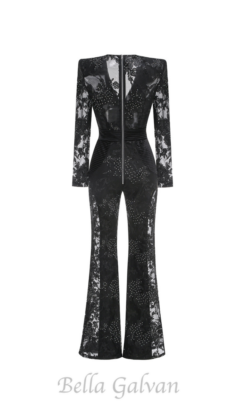 diamond three-dimensional flower jumpsuit in black