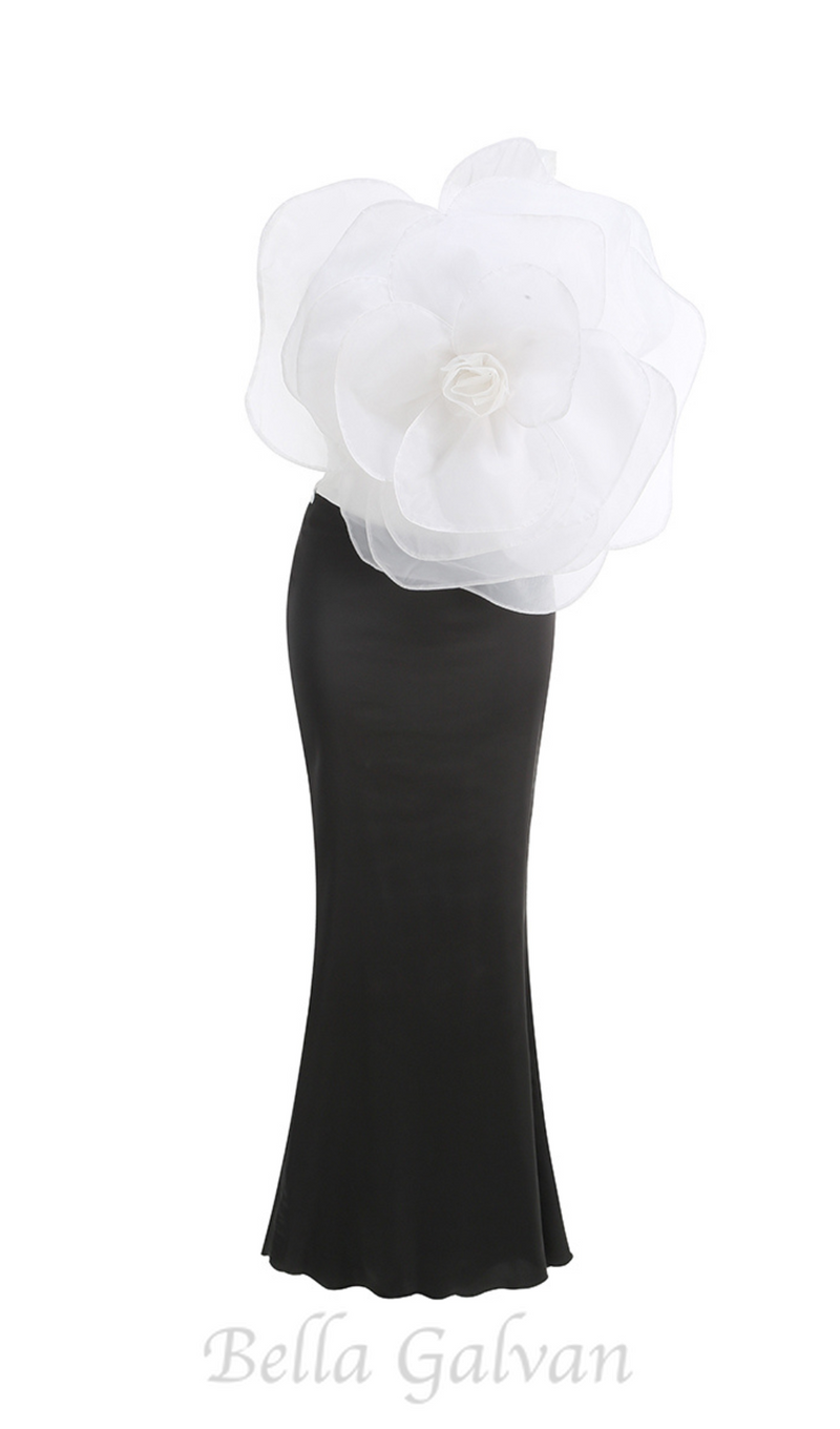 3D WHITE FLOWER ONE-SHOULDER MAXI DRESS IN BLACK