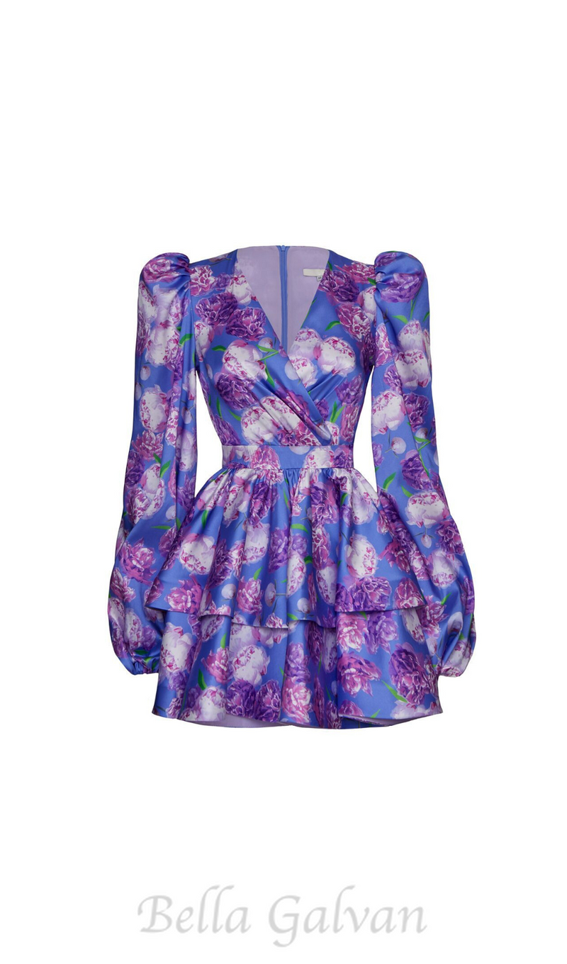 ARABELA BLUE FLORAL SATIN RUFFLE MINI DRESS