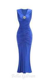 Sleeveless Deep V Neck Shirred Front Fishtail Gown