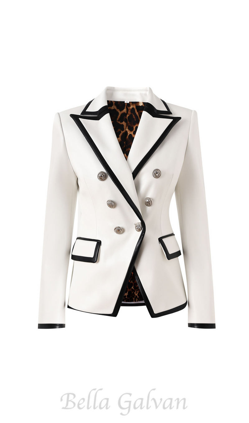 Pu Leather Rhinestone Bottom Blazer in white