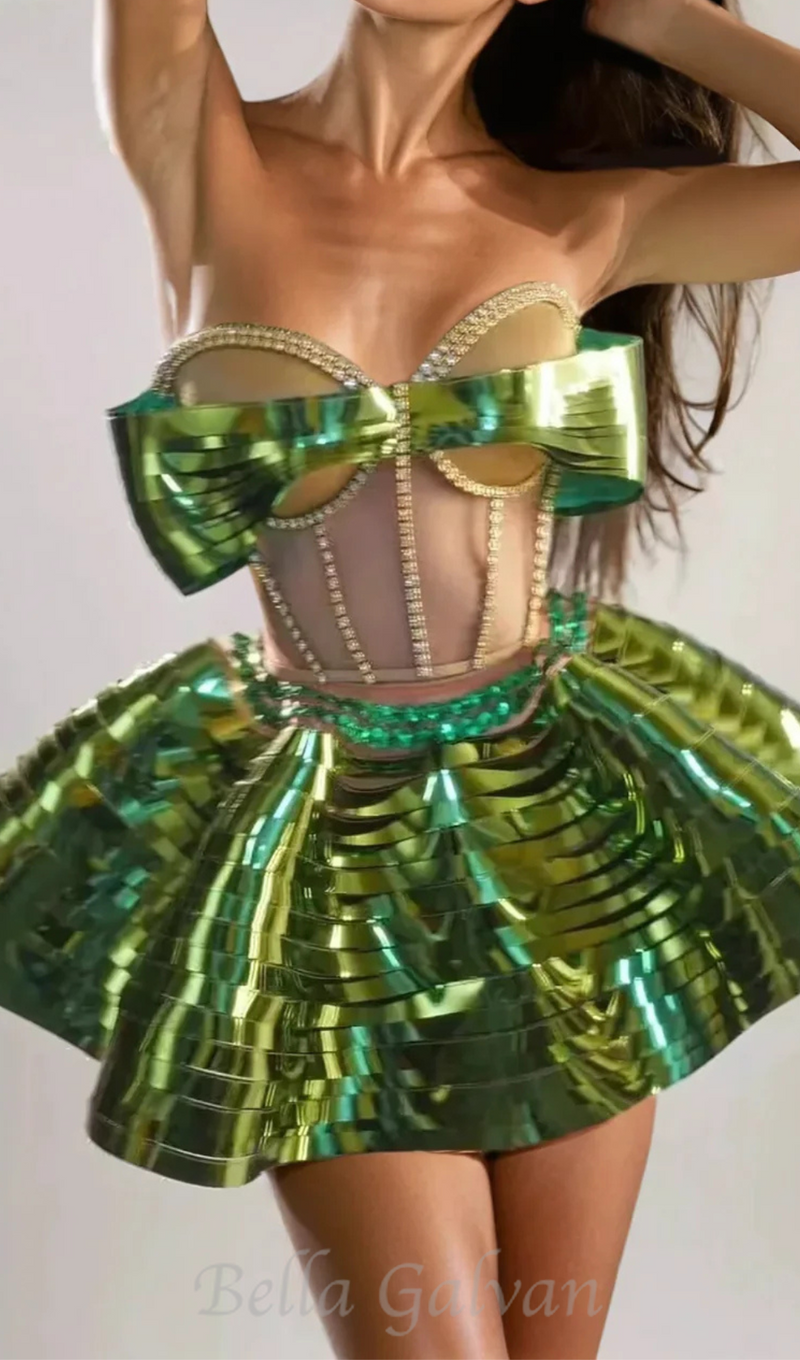 Crystal Metallic Skirt Set In Green