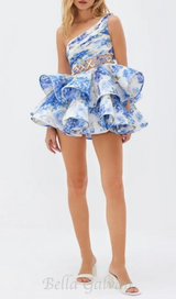 GAIL BLUE FLORAL PRINTED ONE-SHOULDER MINI CHIFFON DRESS