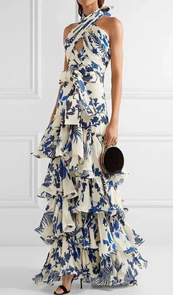 CAROLINE SLEEVELESS RUFFLED PRINT HALTER MAXI DRESS