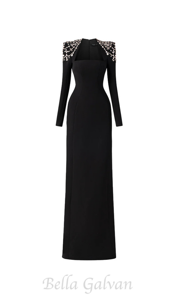 crystal-embellished black long sleeve maxi dress