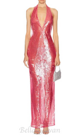 ZORA SHEER SEQUIN DEEP V NECK GOWN IN PINK RED