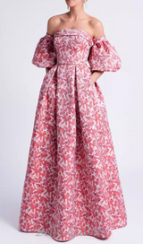 peach Printed Lantern Sleeve Maxi Dress