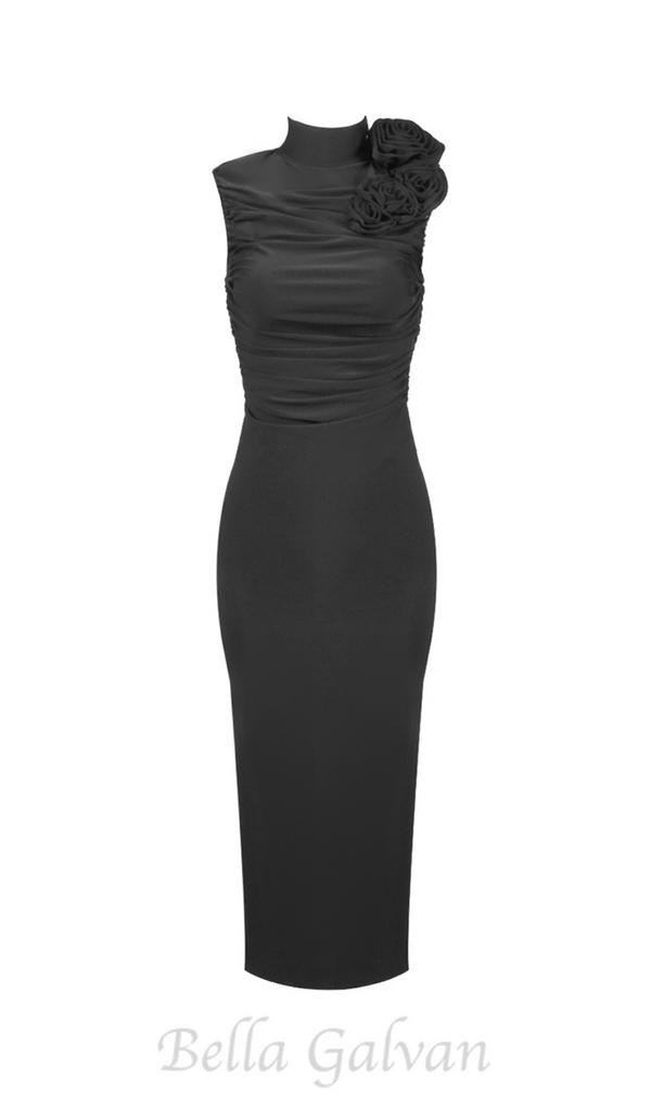 ADORA FLOWER EMBELLISHED RUCHED MIDI DRESS IN BLACK