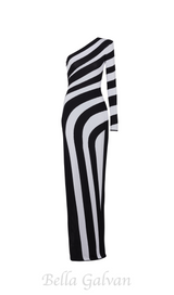 XAVIERA ASYMMETRICAL STRIPED KNIT MAXI DRESS