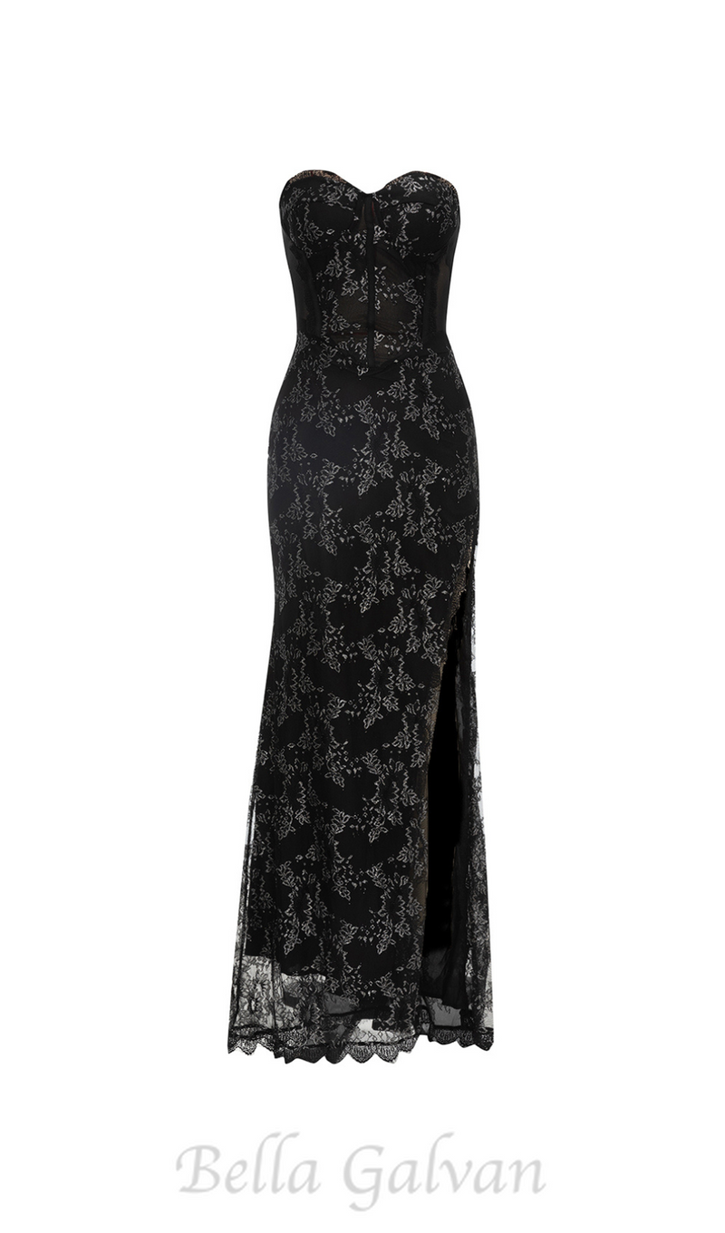 CLAIRE BLACK MESH PATCHWORK STRAPLESS MAXI DRESS