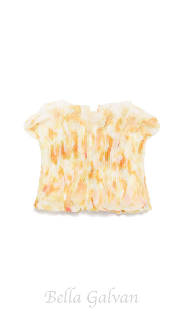 print ruffle trim top in yellow