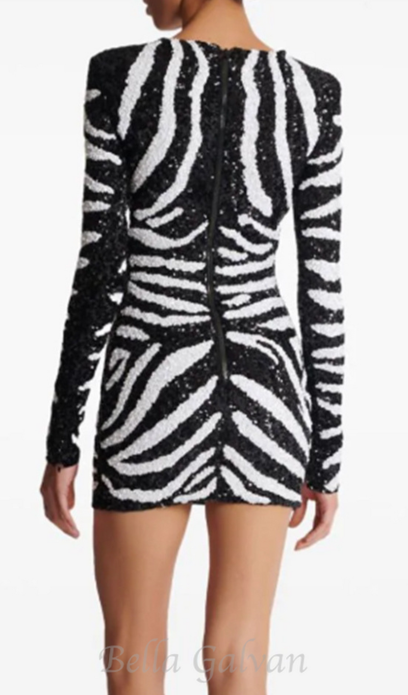 Short two-tone zebra sequin mini dress