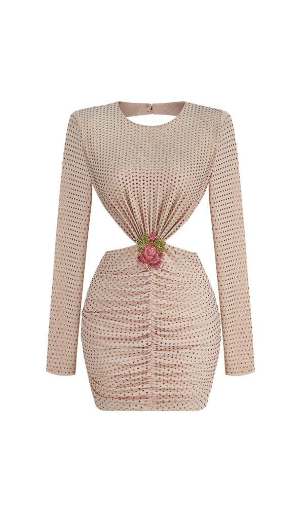 LONG-SLEEVE CREW NECK GLITTER MINI DRESS IN MAHOGANY WOOD