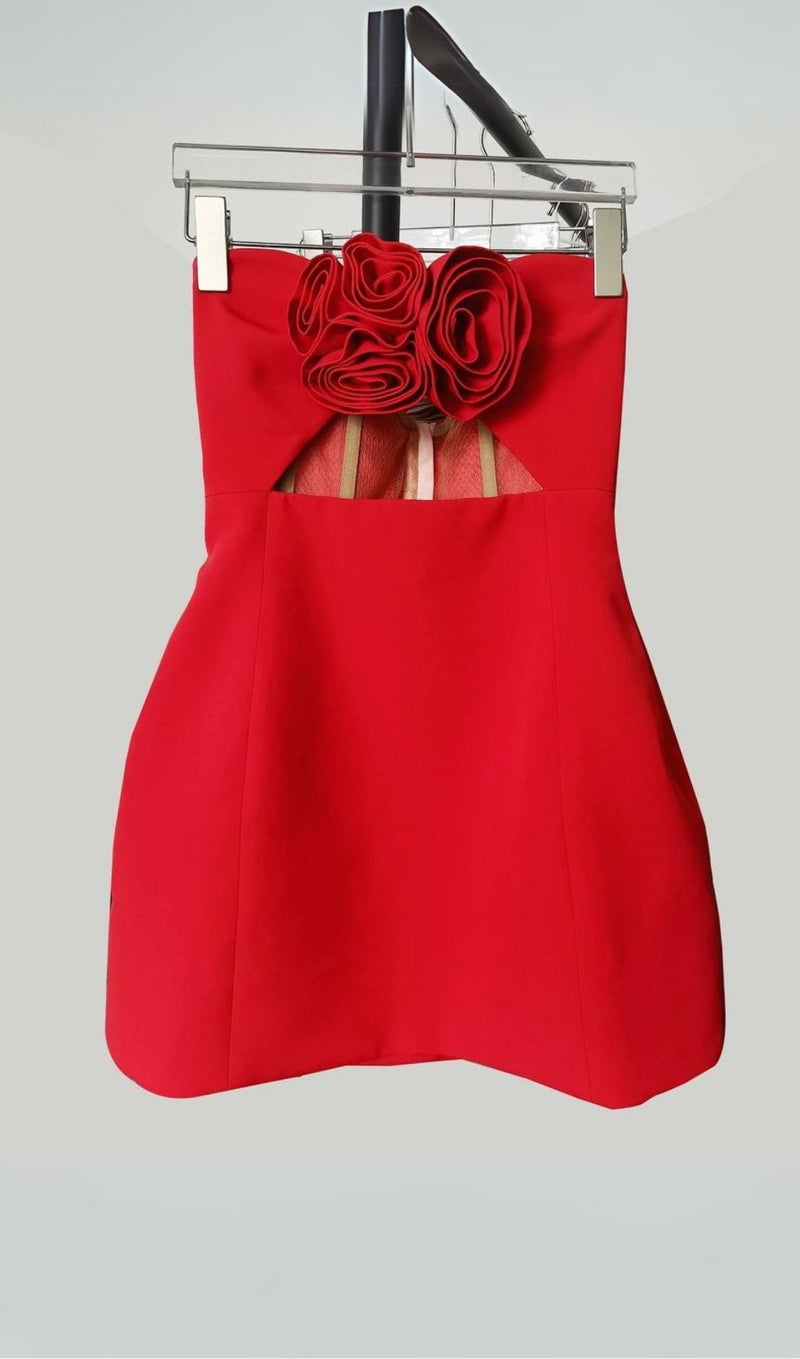 RED 3D FLOWER STRAPLESS CUTOUT MINI DRESS