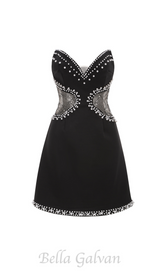 Symmetrical tulle pearl embellished mini dress in black