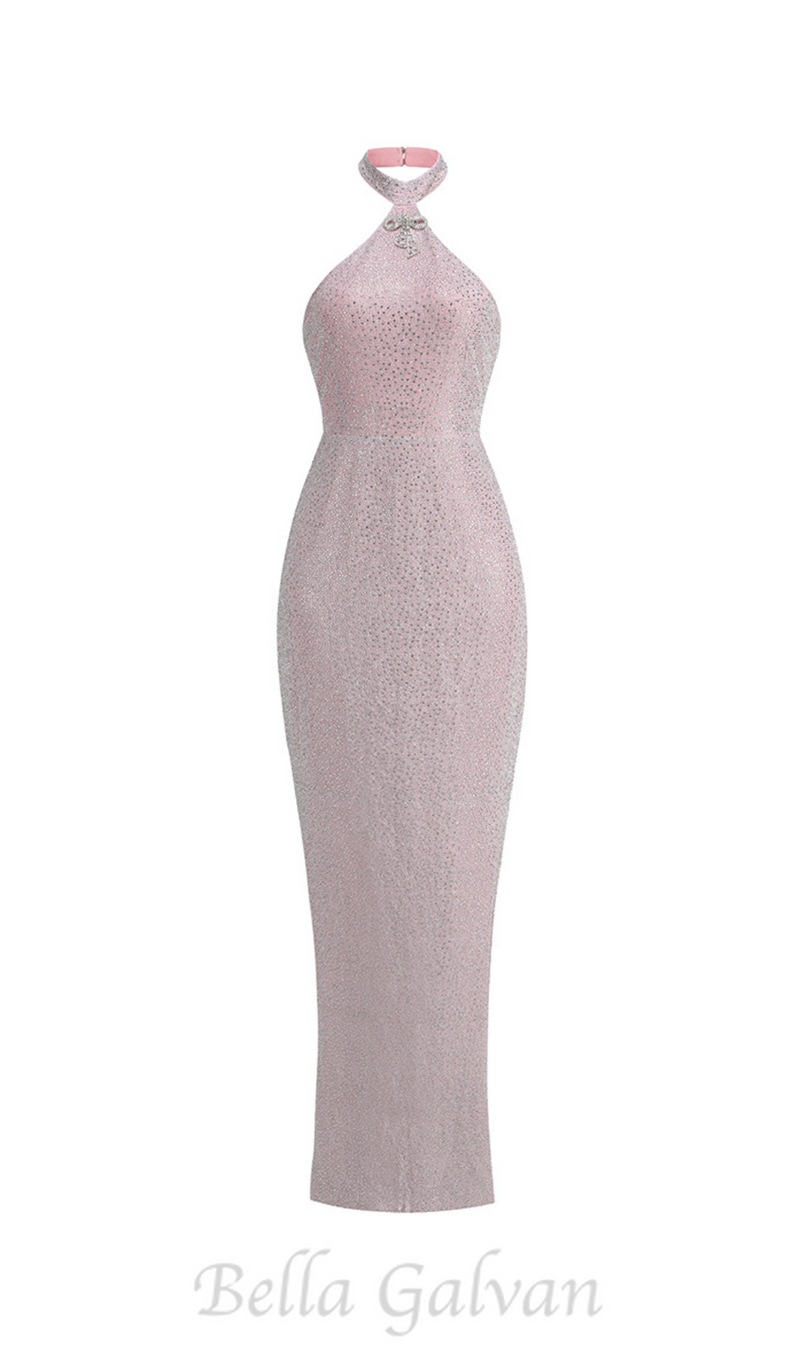 HALTER BACKLESS CRYSTAL EMBELLISHED MAXI DRESS IN PINK