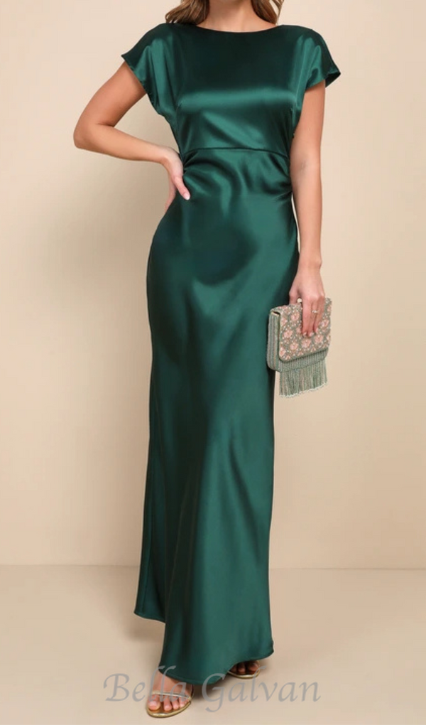 satin cowl back maxi dress in forest green