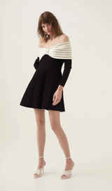 Justine black off-shoulder bow knit mini dress