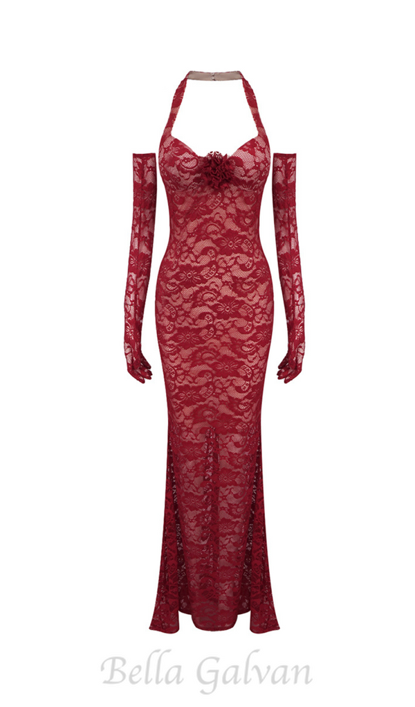 EARTHA HALTER FLORAL LACE MAXI DRESS IN BURGUNDY