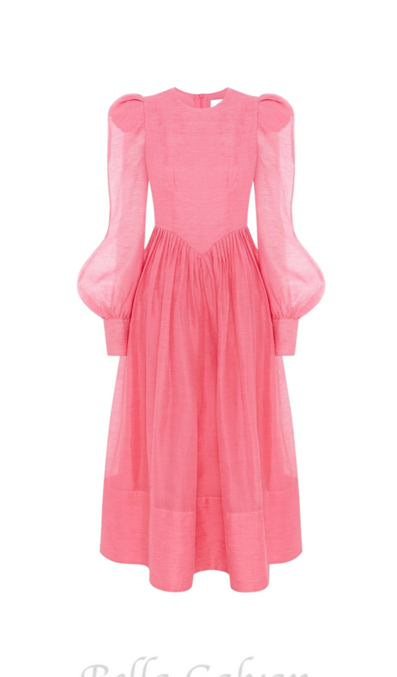 DELIA PINK LANTERN SLEEVE ROUND NECK MIDI DRESS