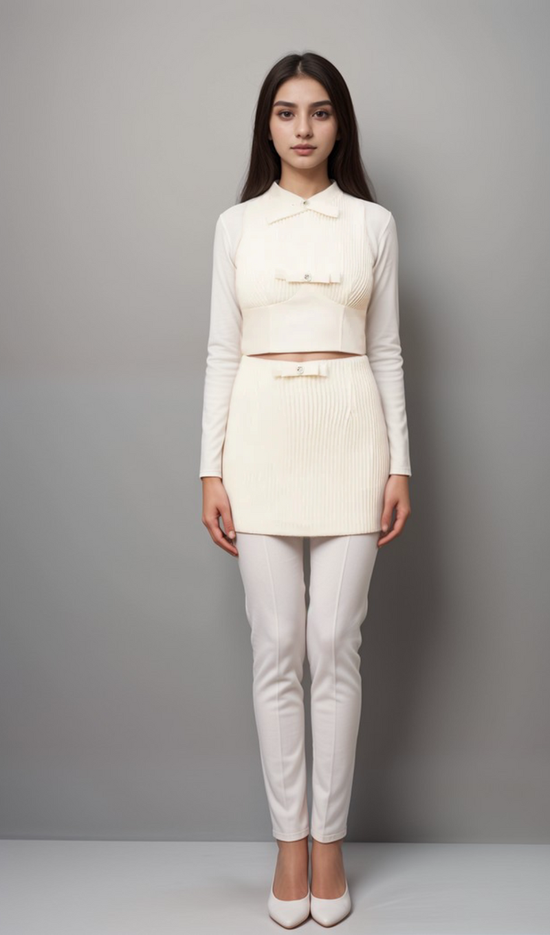 Flaminia white bow-embellished top & skirt matching set