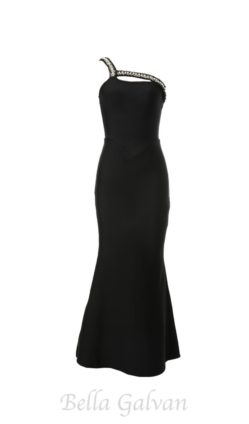 One Shoulder Diamond Bodycon Maxi Dress in black