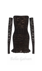 fishbone embellished lace ruffle mini dress in black