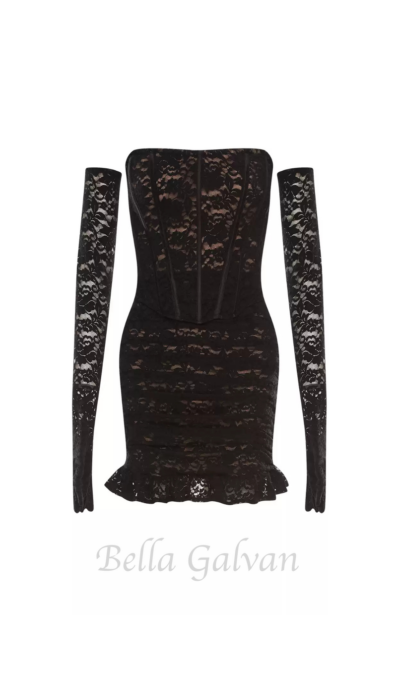 fishbone embellished lace ruffle mini dress in black