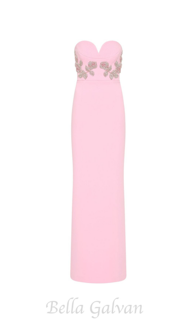 MEROY FLORAL EMBROIDERY STRAPLESS MAXI DRESS IN PINK