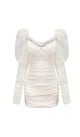 PLEATED DRESS WITH LACE PUFFED SLEEVES IN WHITE