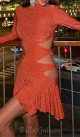 IRENE RHINESTONES EMBELLLISHED MINI DRESS IN ORANGE