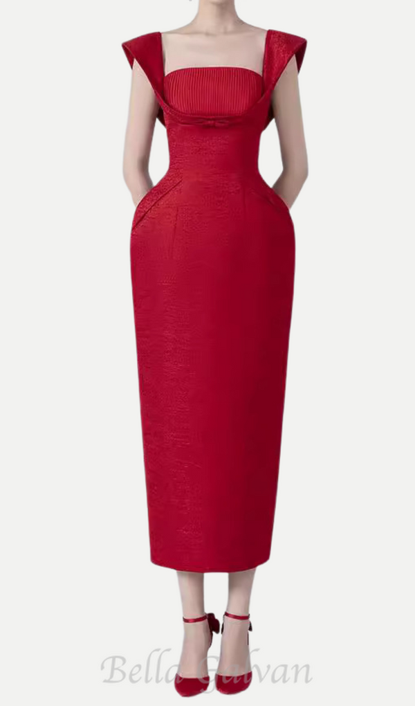 square neckline bow midi dress in red