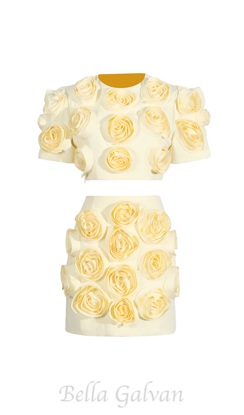 3D FLOWER BUBBLE SLEEVE TOP SKIRT SUIT IN YELLOW