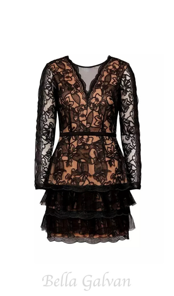 black tulle ruffle hem embroidered lace mini dress