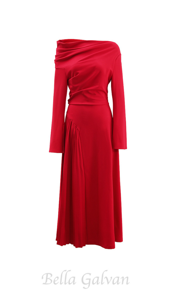 ALBERTA RED ONE SHOULDER SLIT PLEATED MAXI DRESS