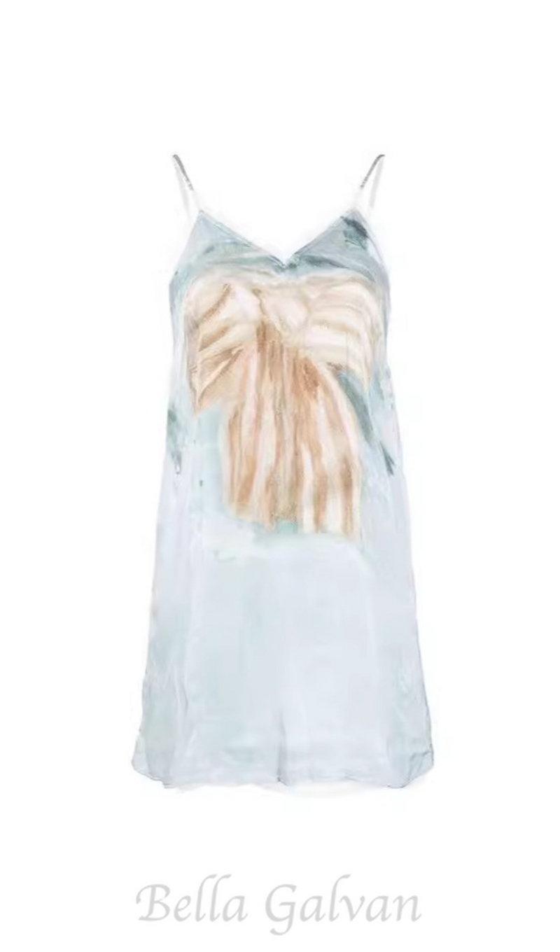 BOW-PRINT TULLE-TRIMS SATIN MINI DRESS IN PALE BLUE