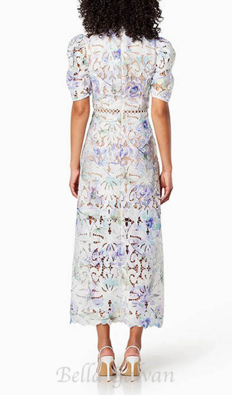 LACE PUFF SLEEVE STAND COLLAR MIDI DRESS IN WHITE