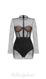 ADELE BLACK  MESH DIAMOND EMBELLISHMENT MINI DRESS