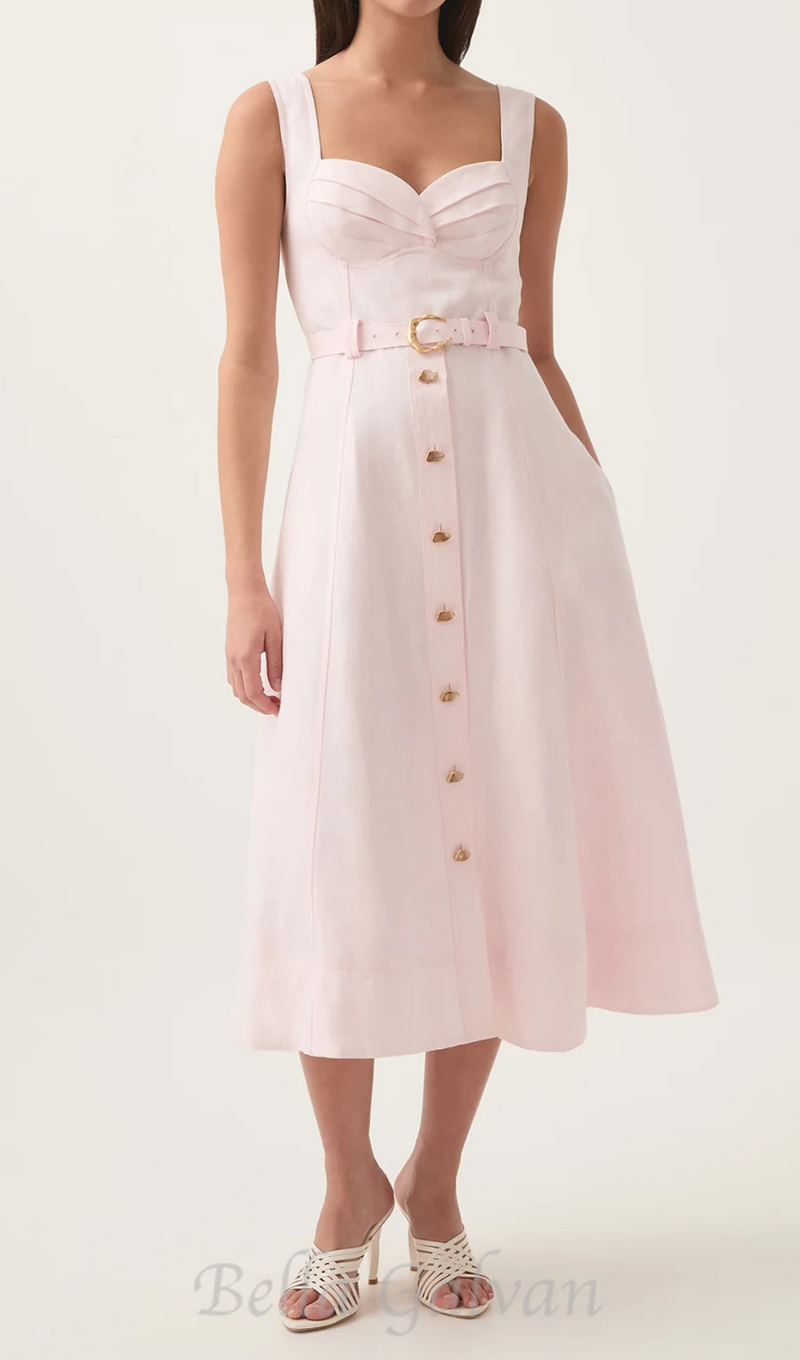 sweetheart neckline belted midi dress in pink