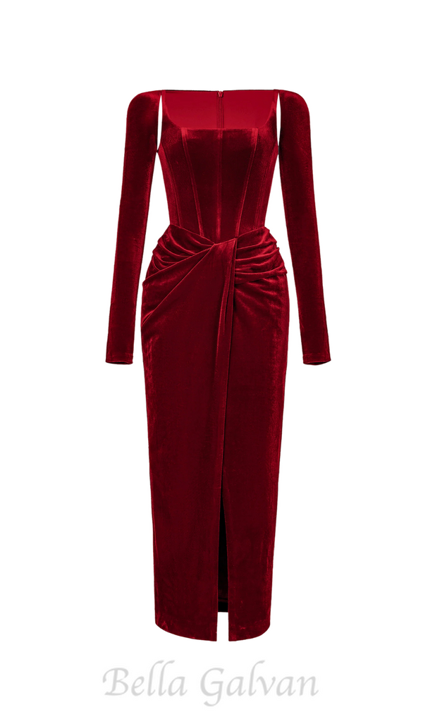 Bordeaux Velvet Draped midi Dress