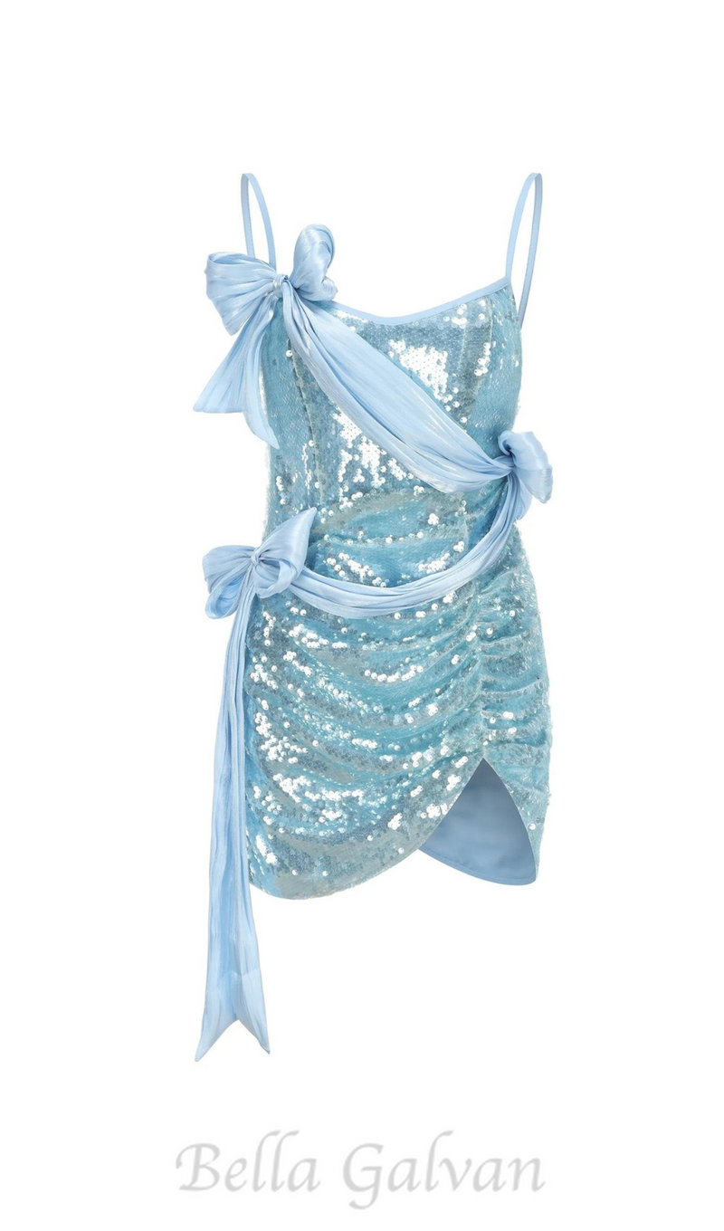 ELVIRA SEQUIN BOW SLEEVELESS MINI DRESS IN BLUE