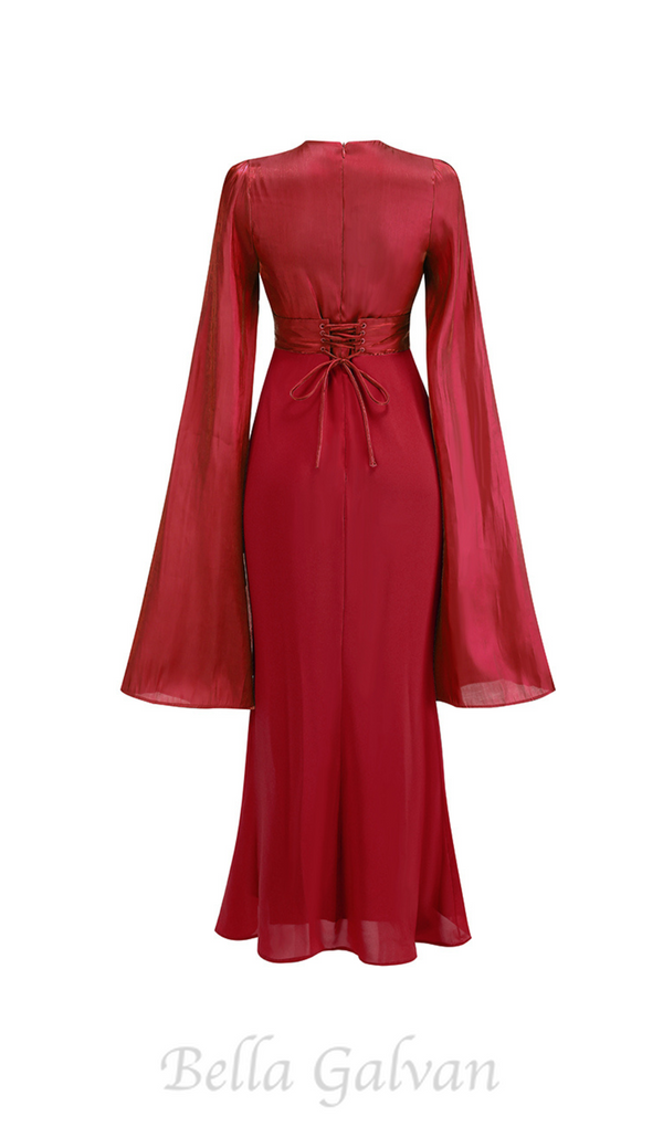 MARCIA TRUMPET SLIT SLEEVE BODYCON MAXI DRESS IN RED