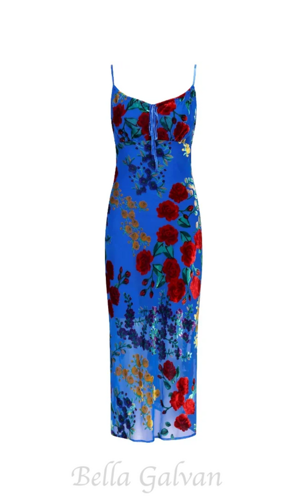 MARGARET FLORAL VELVET STRETCH-WOVEN MIDI DRESS IN KLEIN BLUE