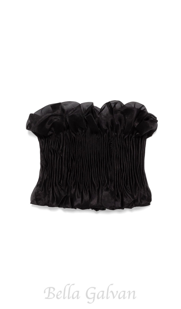 print ruffle trim top in black