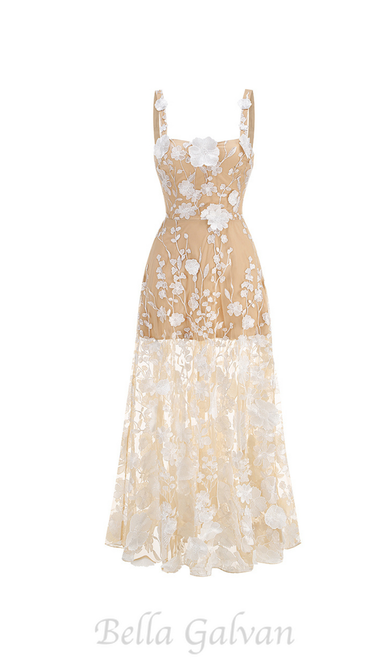 APPHIA FLORAL EMBROIDERED SLEEVELESS TULLE MAXI DRESS