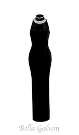 embroidered velvet halterneck maxi dress in black